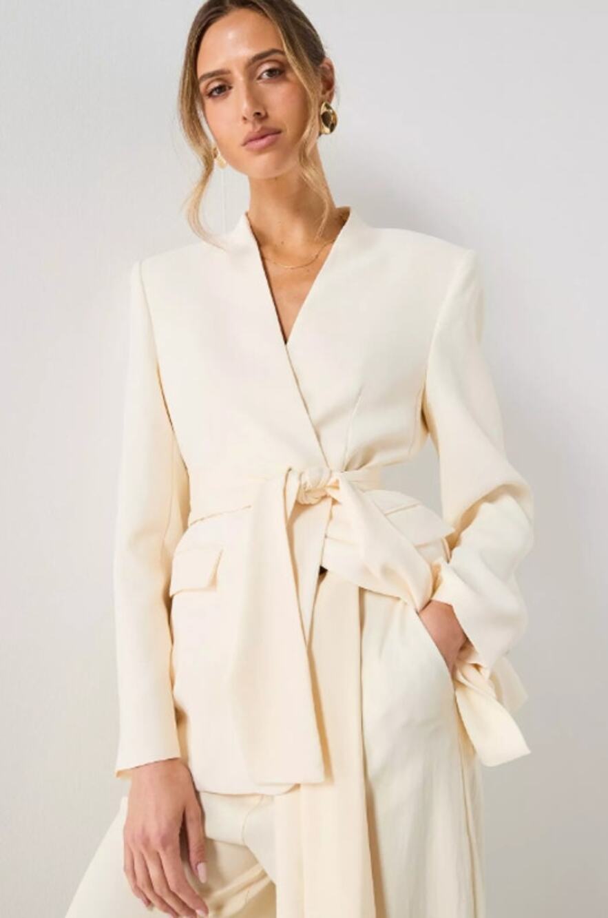 MANGO Suit Blazer Collarless Modern Minimalist Belted Jacket Cream White Classic
